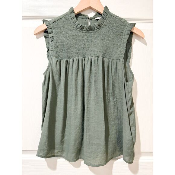 Nanette Lepore Smocked Sleeveless Lettuce Edge Boho Top Blouse Olive Green M - Picture 1 of 7